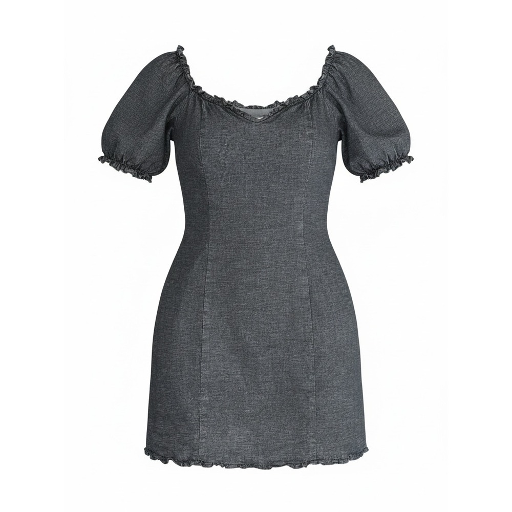 Lovers + Friends Grey Ruffle Puff Sleeve Mini Dress Charcoal Sweetheart Size S